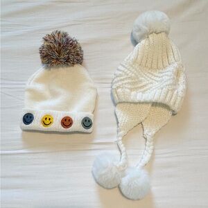 Toddler Winter Knit Hats Pom Beanie Smiley Face Ear Flap Hat Set Cozy Cute Set